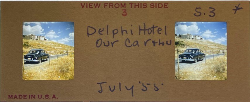 Delphi Hotel and car, Greece, 1955, Personal Realist