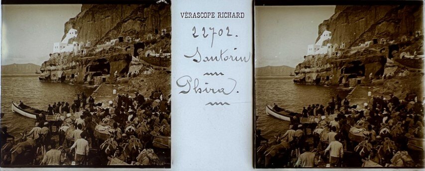 Santorini, people getting off the boats, Greece, 1900, Verascope