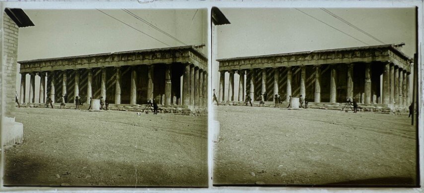 Taking photographs outside the Thision temple, Greece, 1900