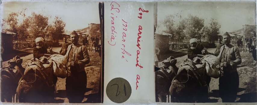 Street view of merchants at Livadia, Greece, Glass - 1918