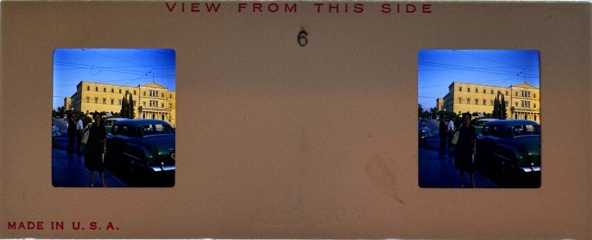 Street view with the parliament on the back, Athens, Greece, 1960