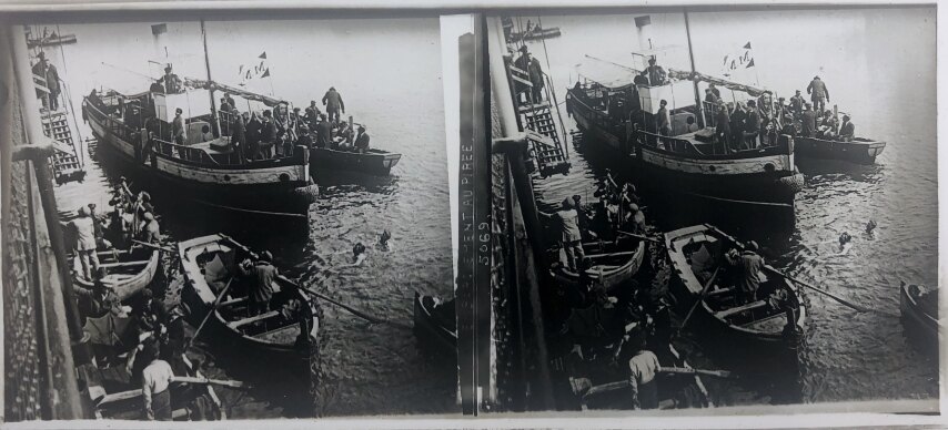 Supply boats at Piraeus port, Personal Glass, 1930, Greece