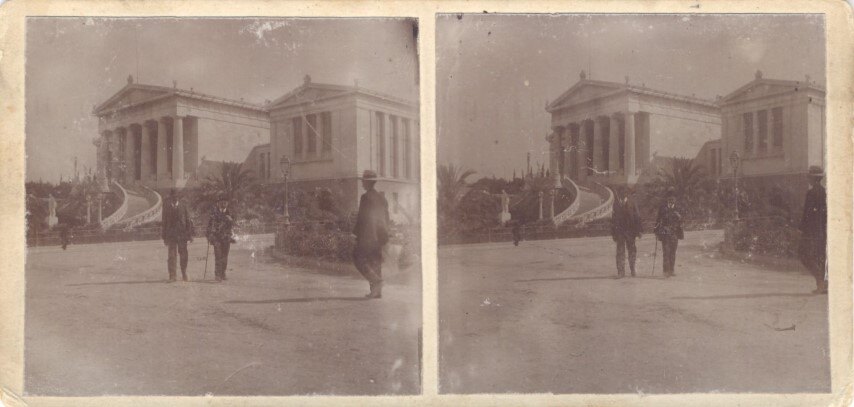 People walking pass the Academy, Athens, 1920, Greece