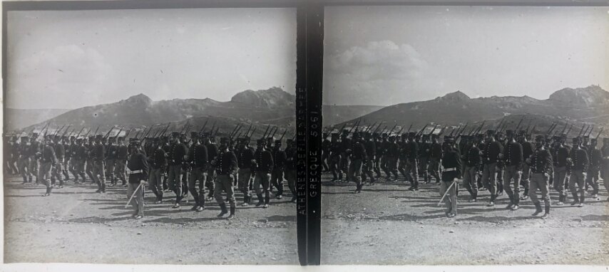 Greek soldiers at drill, Personal Glass, 1930, Greece