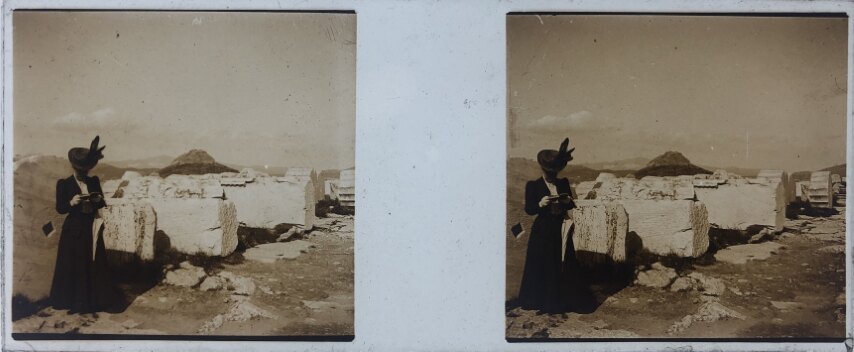 A lady reading a book on Acropolis, Greece, Glass - 1918
