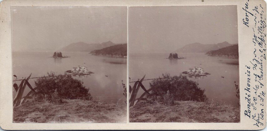 Corfu Pontikonisi, Personal Paper Stereoview, 1920 Greece