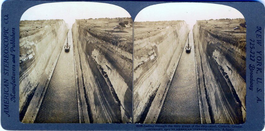 Sailing through the deep gorge of the ship-canal, Corinth, Greece, 1907, American CO