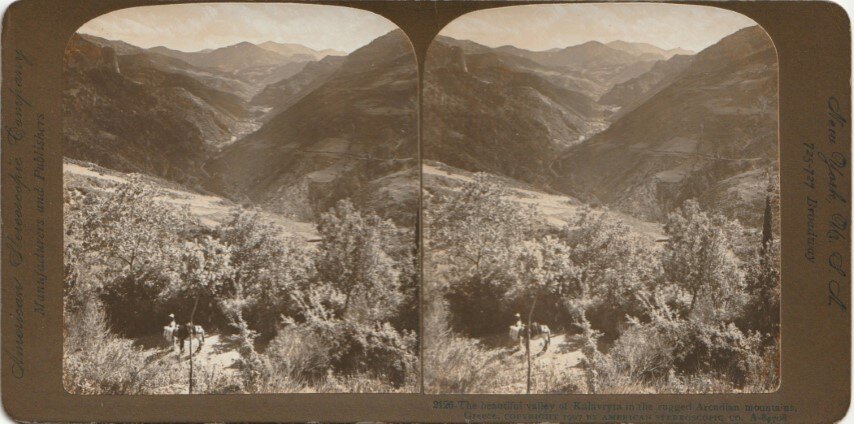 The beautiful valley of Kalavryta in the rugged Arcadian mountains, American Stereo 1907