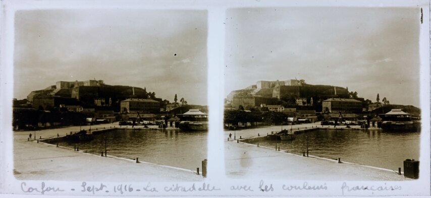 Corfu, Sep 1916, View of port and castle, Greece, Personal Glass