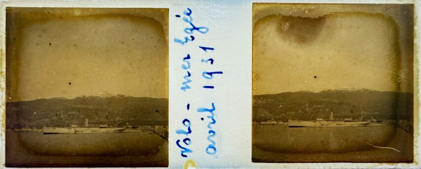 Volos in the distance and a ship, 1931, Greece