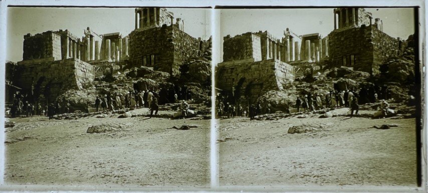 People outside the Acropolis entrance, Greece, 1900