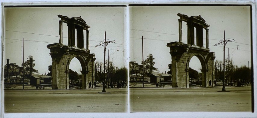 Andrians Arch and people going by, Greece, 1900