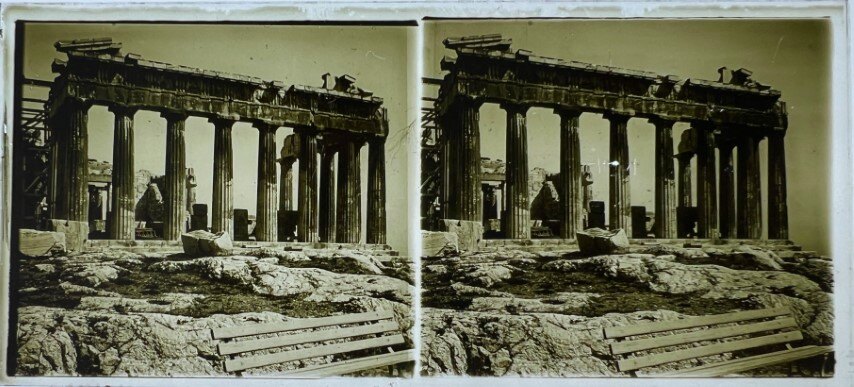 Acropolis view and bench, Greece, 1900
