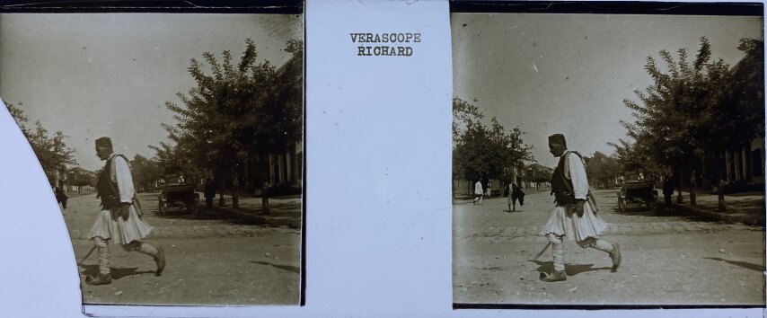 An old Tsolias walking the street, 1910, Greece
