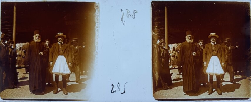 Ath the entrance of Grande Bretagne a priest and a man with traditional clothes, 1910, Greece