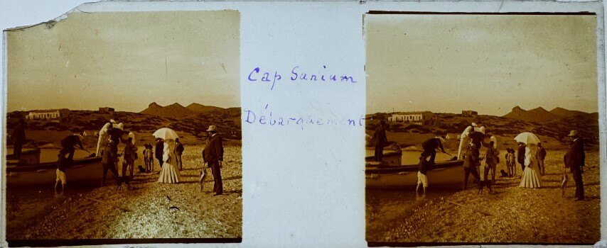 Tourist arriving at Cape Sounio, Greece, 1915