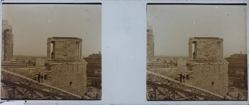 A guard watching two men at Propylaea Athens, Greece, Glass - 1918