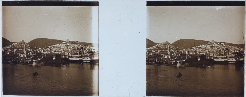 Syros general view and ship with Greek flag, Personal, 1911, Greece