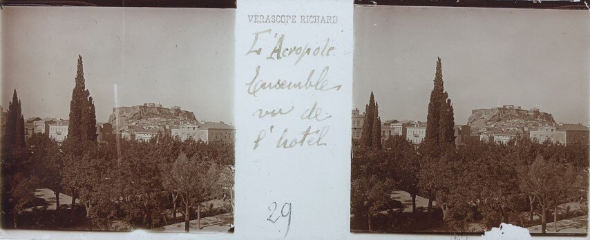 Acropolis view from hotel, Verascope, 1911, Greece