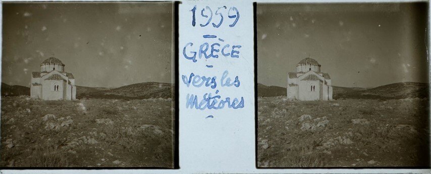 View of church at Meteora, Greece, 1959