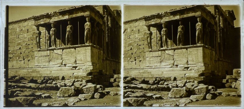 Close view of Kariatides and ruins, Greece, 1900