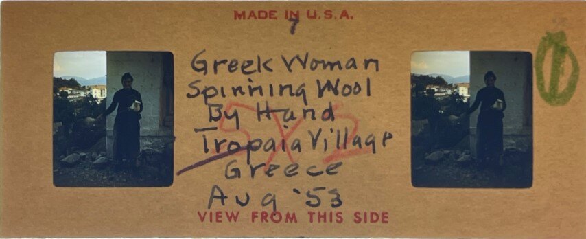 Greek woman spinnig wool at Tropaia, Greece, 1953, Personal Realist