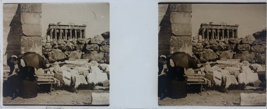 Two ladies seating near Parthenon Athens, Greece, Glass - 1918
