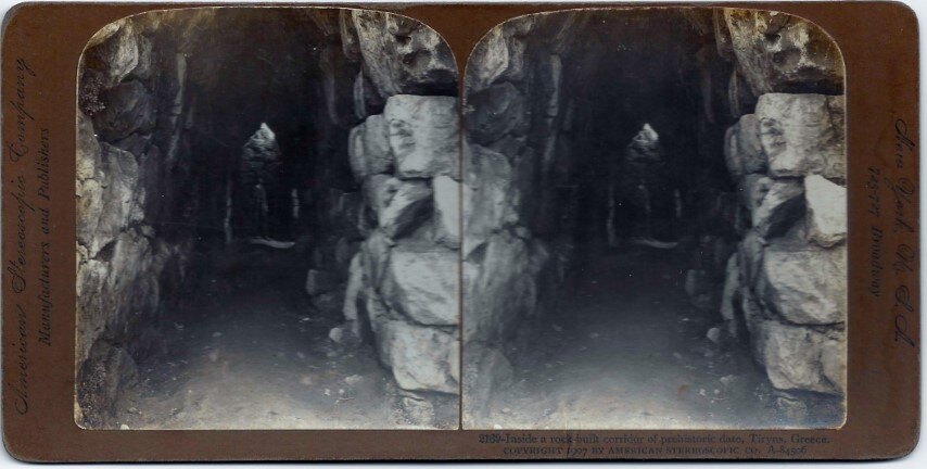 Inside a rock built corridor of prehistoric date, Tiryns, 1907 Greece