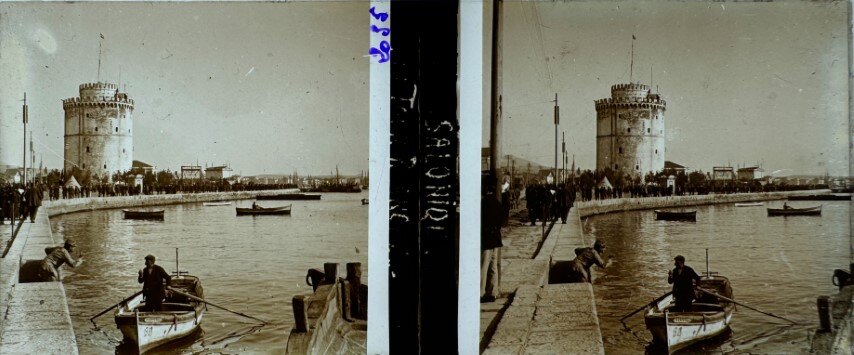 A policeman talking to a boat man at the White Tower, Thessaloniki, Greece, 1915