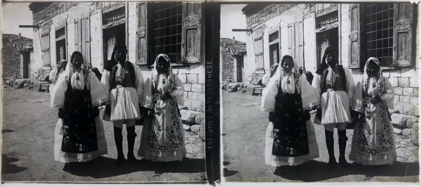 Local costumes at Peloponisos, Personal Glass, 1930, Greece