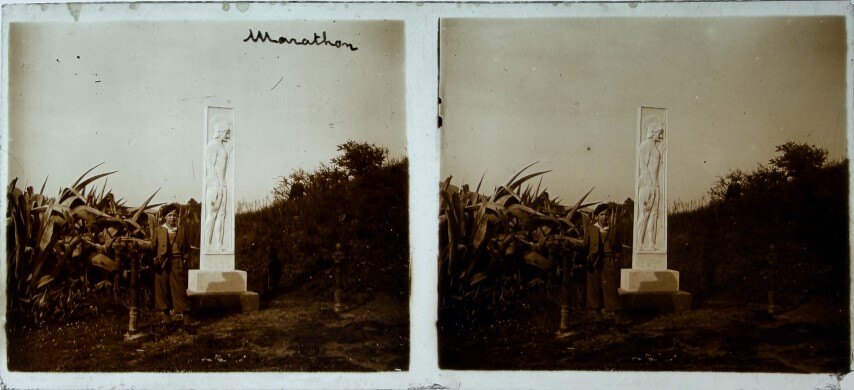 Taking a picture at Marathon at Aristona Column, 1930, Greece