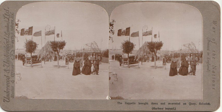 The Zeppelin brought down and re-erected on Quay, Salonica, Greece. 1916 Underwood