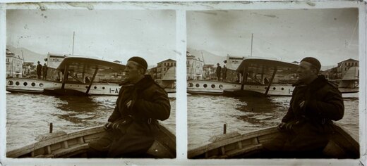 Sailor in front of a sea plane at Piraeus, 1930, Greece Greece 1930
